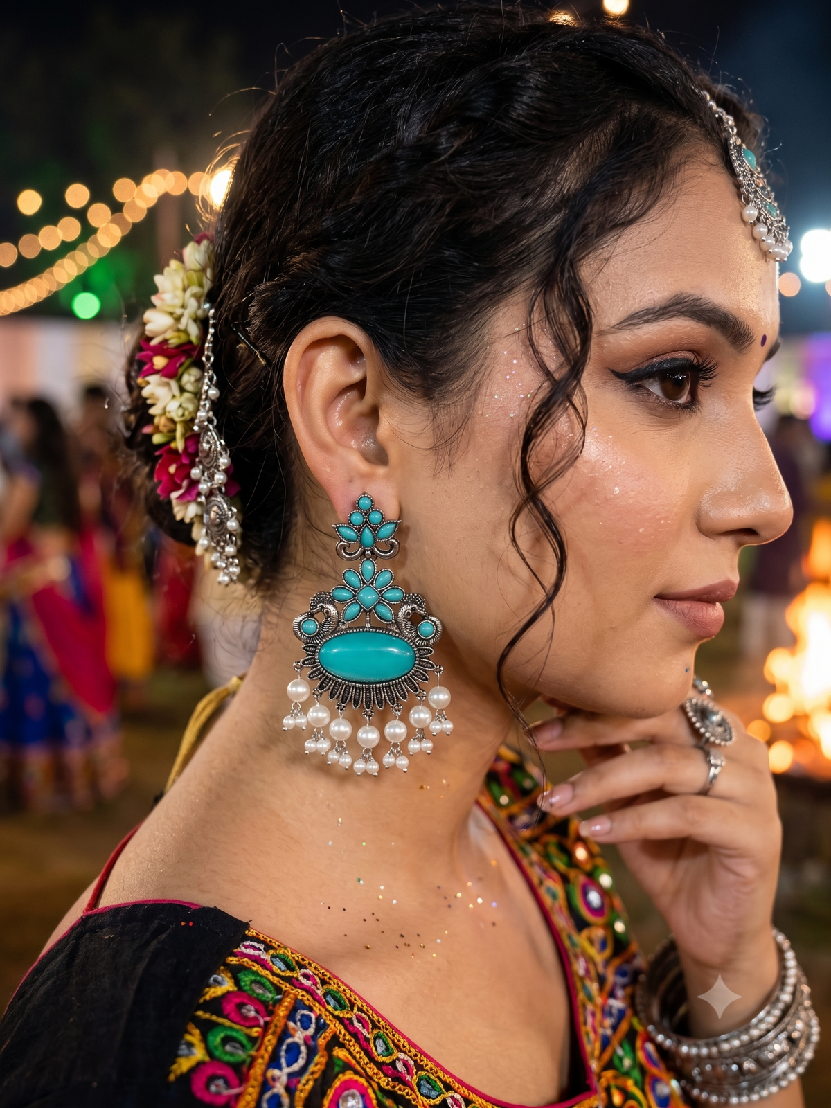 Oxidized Silver Turquoise Oval Statement Drop Earrings with Pearl Fringe