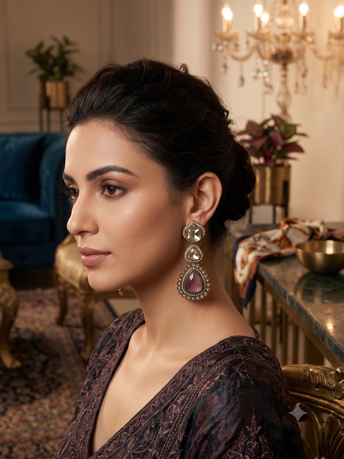Regal Three-Tier Kundan Drop Earrings