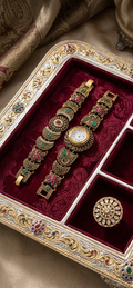 Antique Gold Temple Watch & Bracelet Combo Set – Ruby Emerald Floral Heritage Watch Set