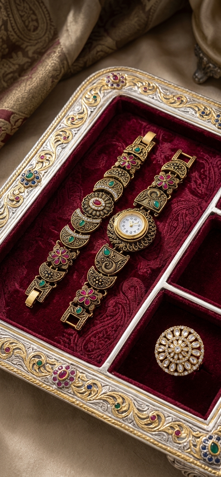 Antique Gold Temple Watch & Bracelet Combo Set – Ruby Emerald Floral Heritage Watch Set