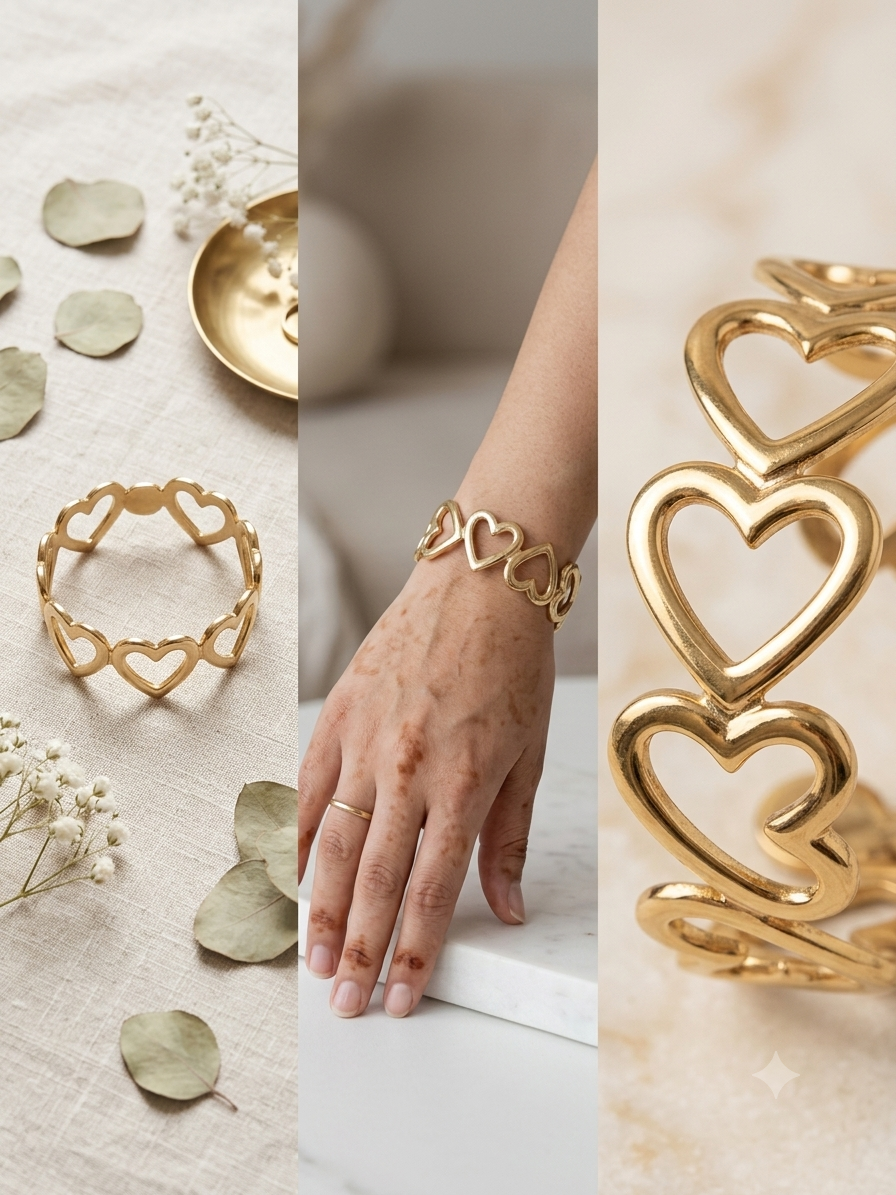 Gold Open Heart Link Bracelet – Cutout Heart Chain Cuff Bangle