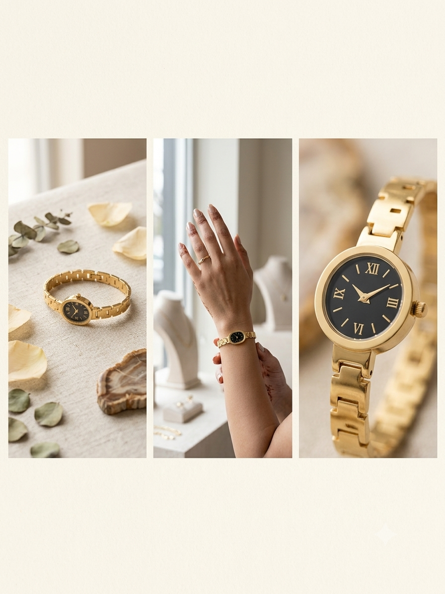 Rectangle Vintage Petite Gold Dummy Watch Bracelet – Dainty Black Dial Faux Watch Bangle (Copy)