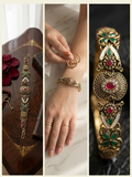 Antique Gold Kundan Temple Bracelet – Ruby & Emerald Filigree Statement