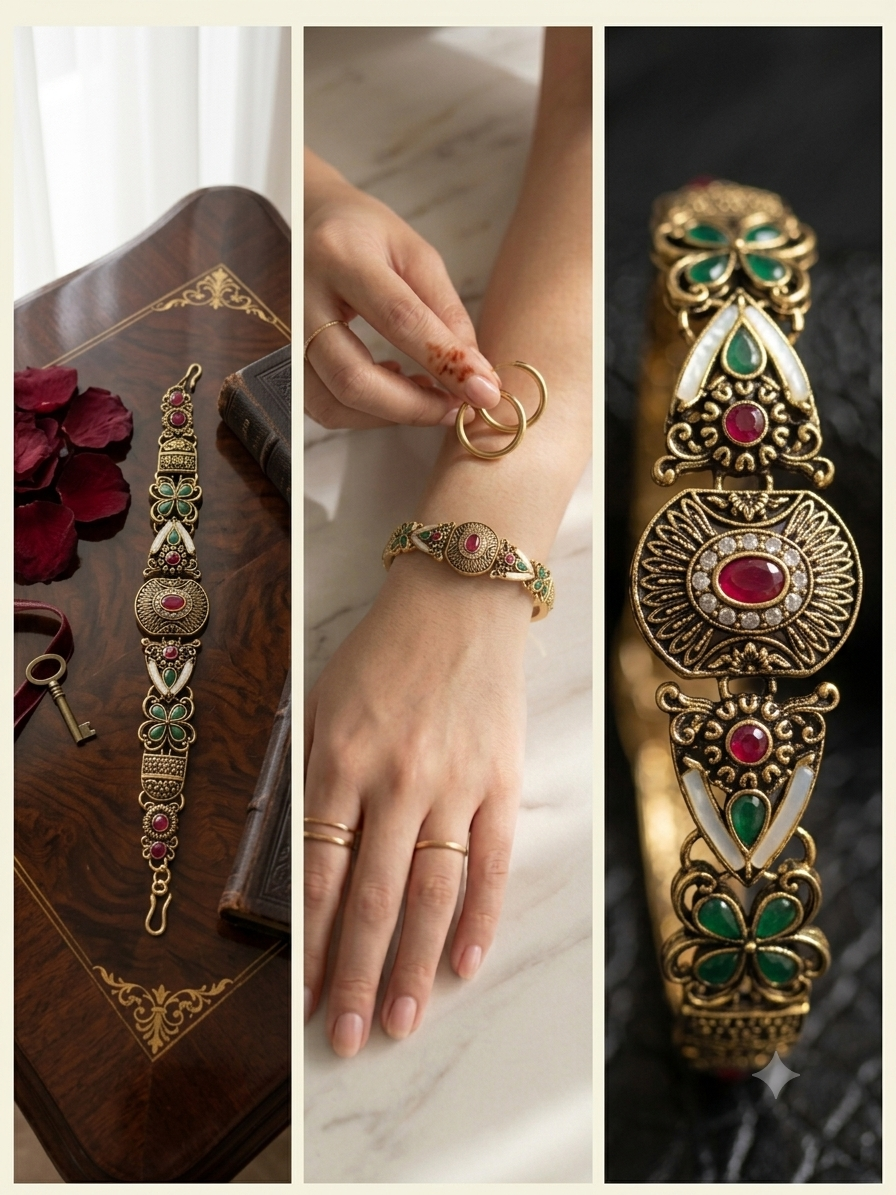 Antique Gold Kundan Temple Bracelet – Ruby & Emerald Filigree Statement