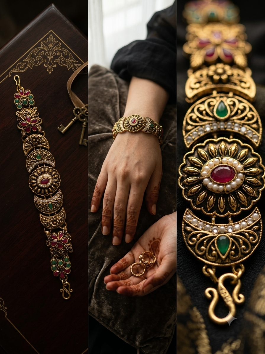 Antique Gold Temple Bracelet – Ruby Emerald Floral & Crescent Statement
