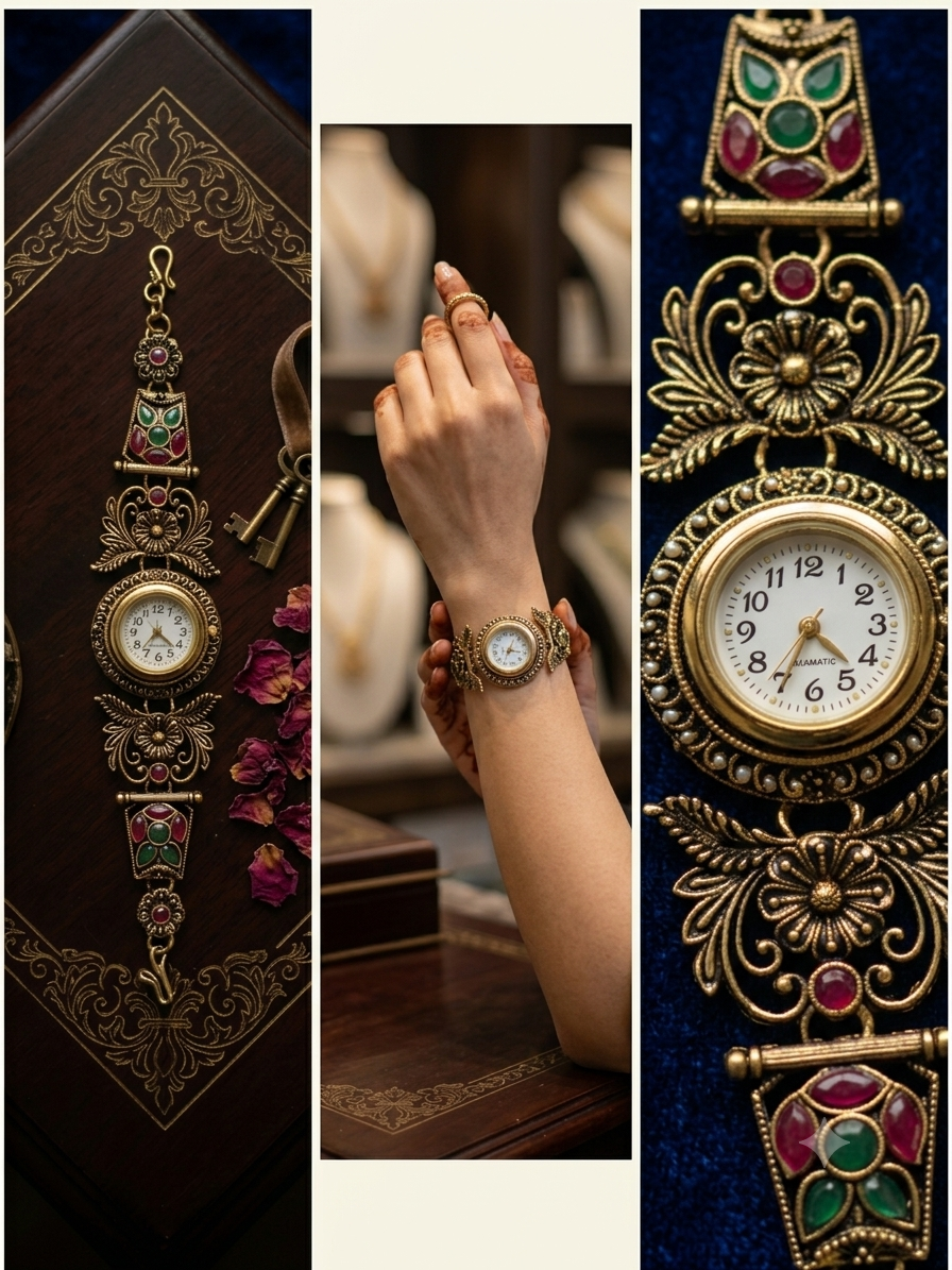 Antique Gold Temple Watch Bracelet – Vintage Floral Filigree Ruby & Emerald watch