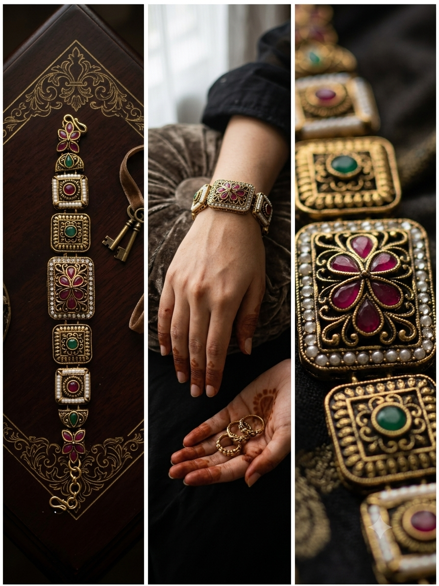 Antique Gold Temple Bracelet – Ruby & Emerald Geometric Floral Bracelet