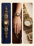 Antique Gold Temple Watch Bracelet – Vintage Square Dial Pearl & Turquoise Kada Watch