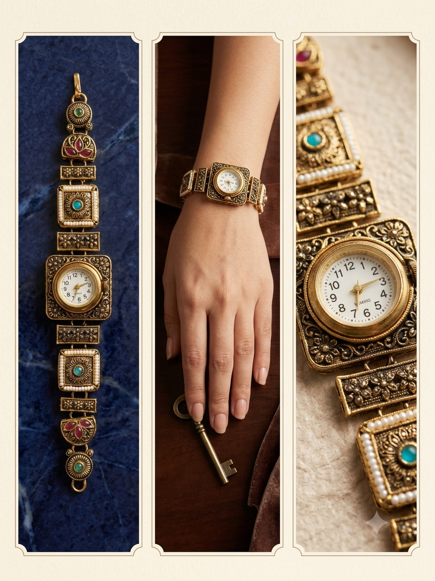 Antique Gold Temple Watch Bracelet – Vintage Square Dial Pearl & Turquoise Kada Watch