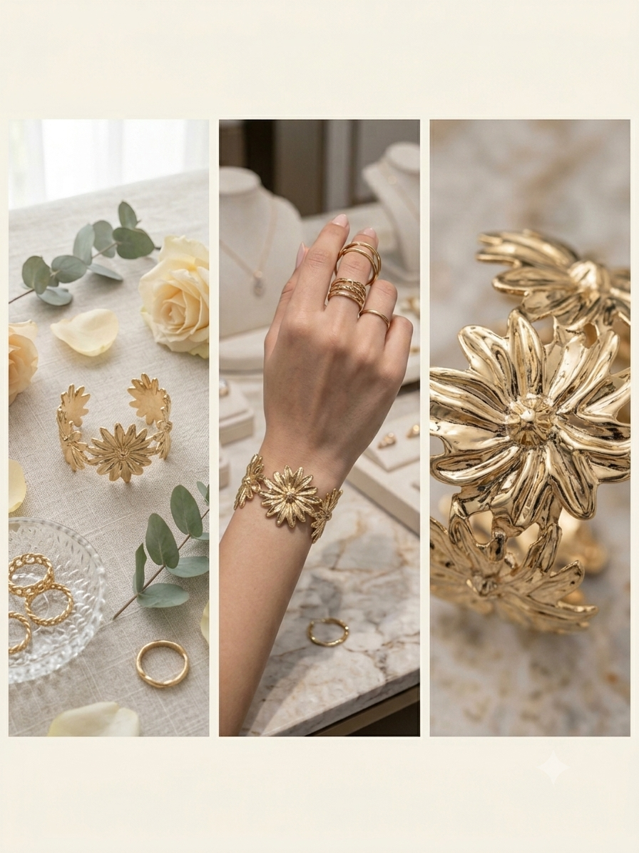 Gold Daisy Floral Cuff Bracelet – Textured Open Bangle Statement Jewelry