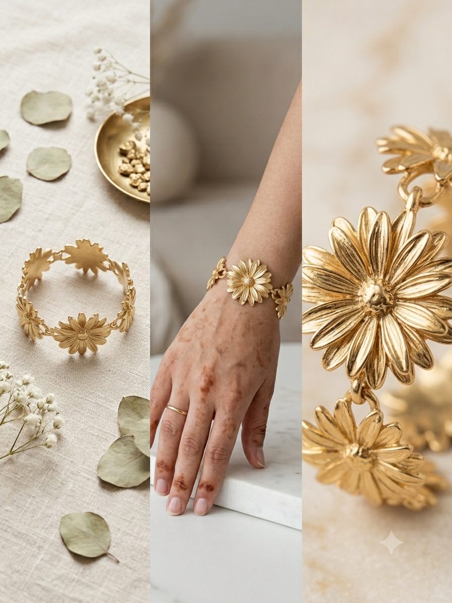 Gold Daisy Floral Link Bracelet – Textured Flower Statement Cuff
