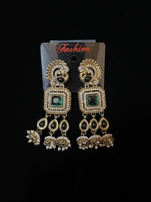 Antique Gold Peacock and Emerald Geometric Dangle Earrings