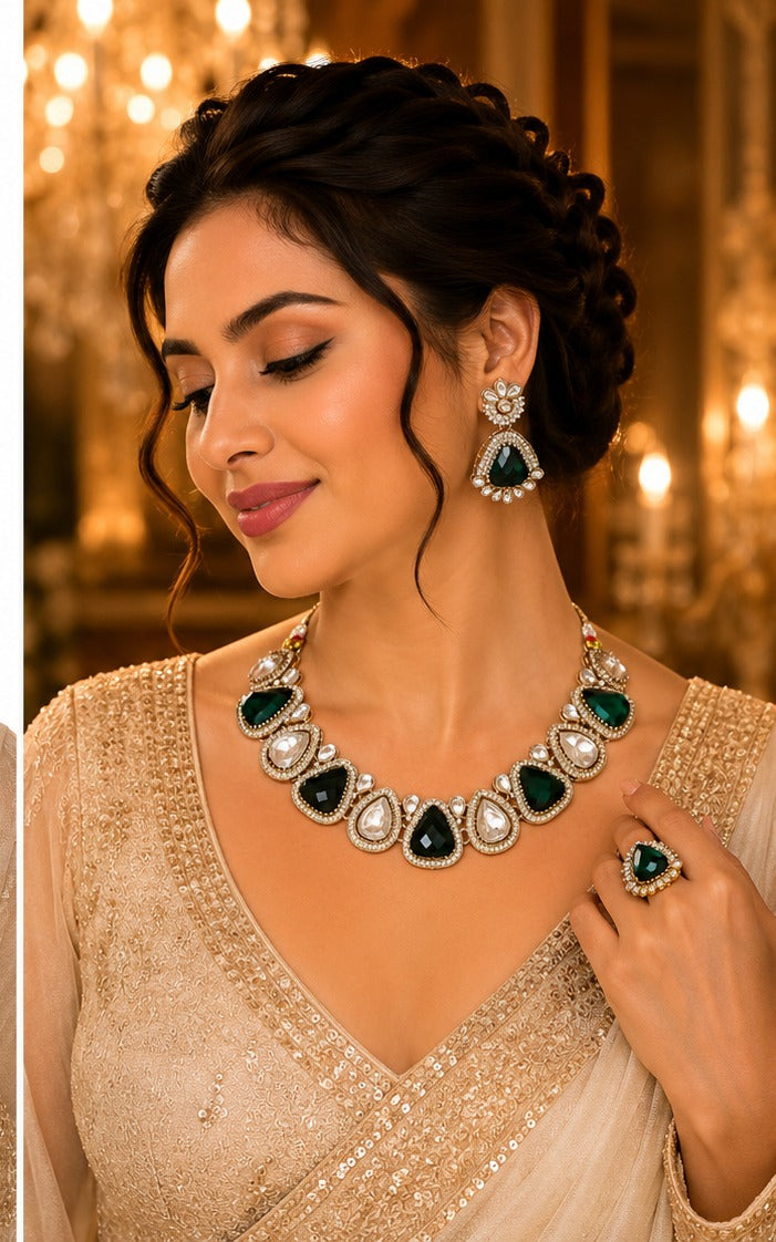 Premium Green Kundan Necklace Set –