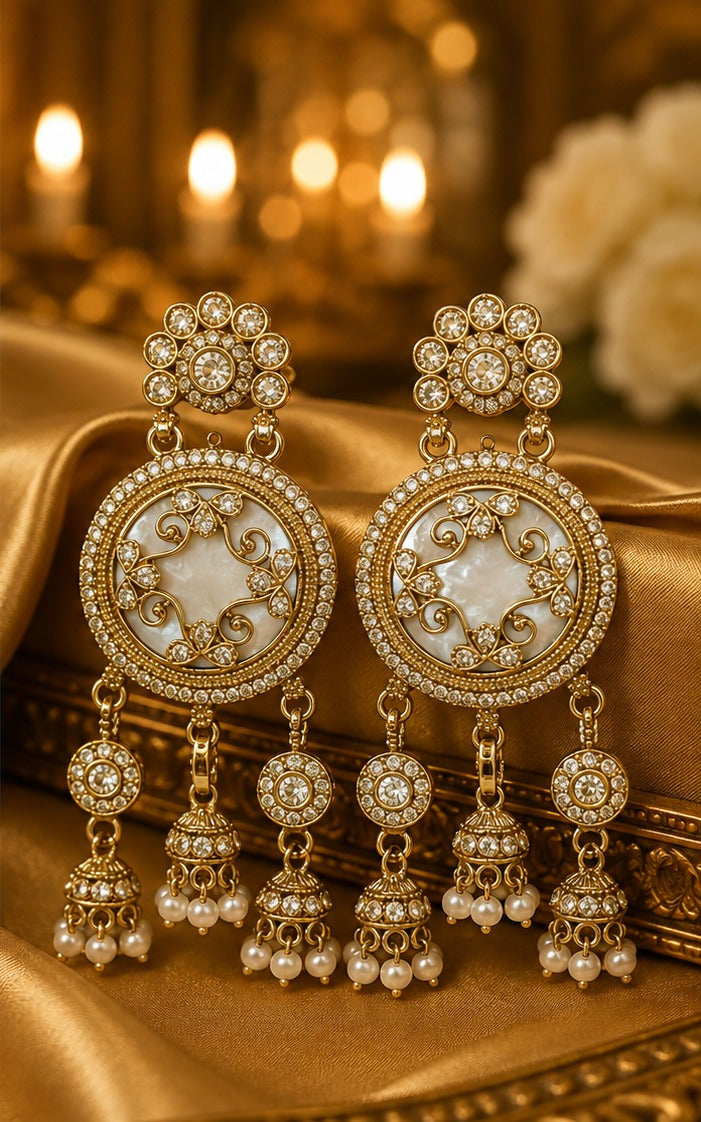 Antique Gold Kundan & Pearl Jhumka Earrings
