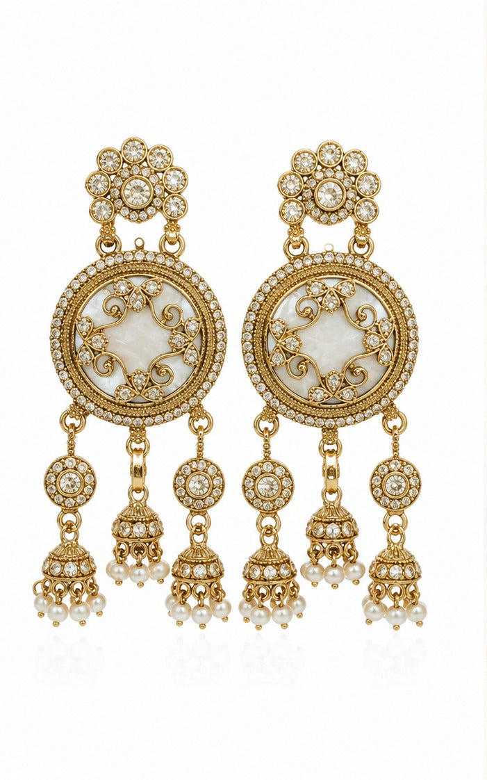 Antique Gold Kundan & Pearl Jhumka Earrings