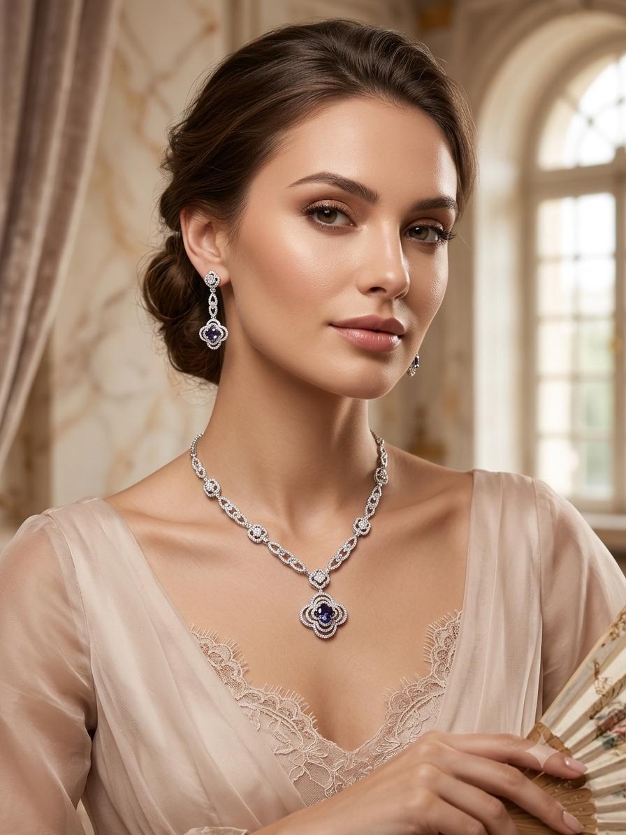 Floral pendant Royal Blue AD Necklace