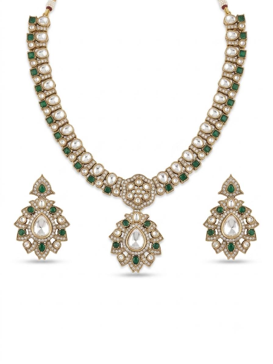 Premium Green Moissanite Necklace Set with Mangtika