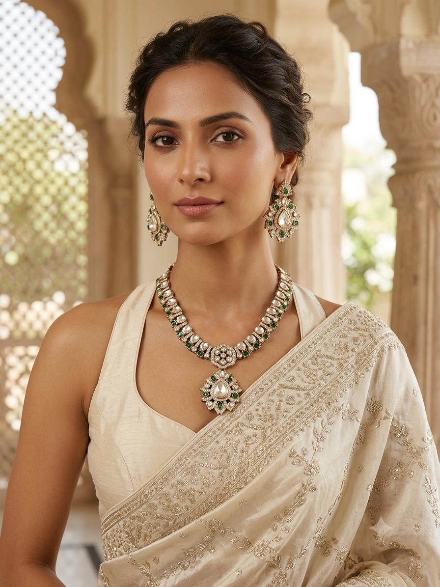 Premium Green Moissanite Necklace Set with Mangtika