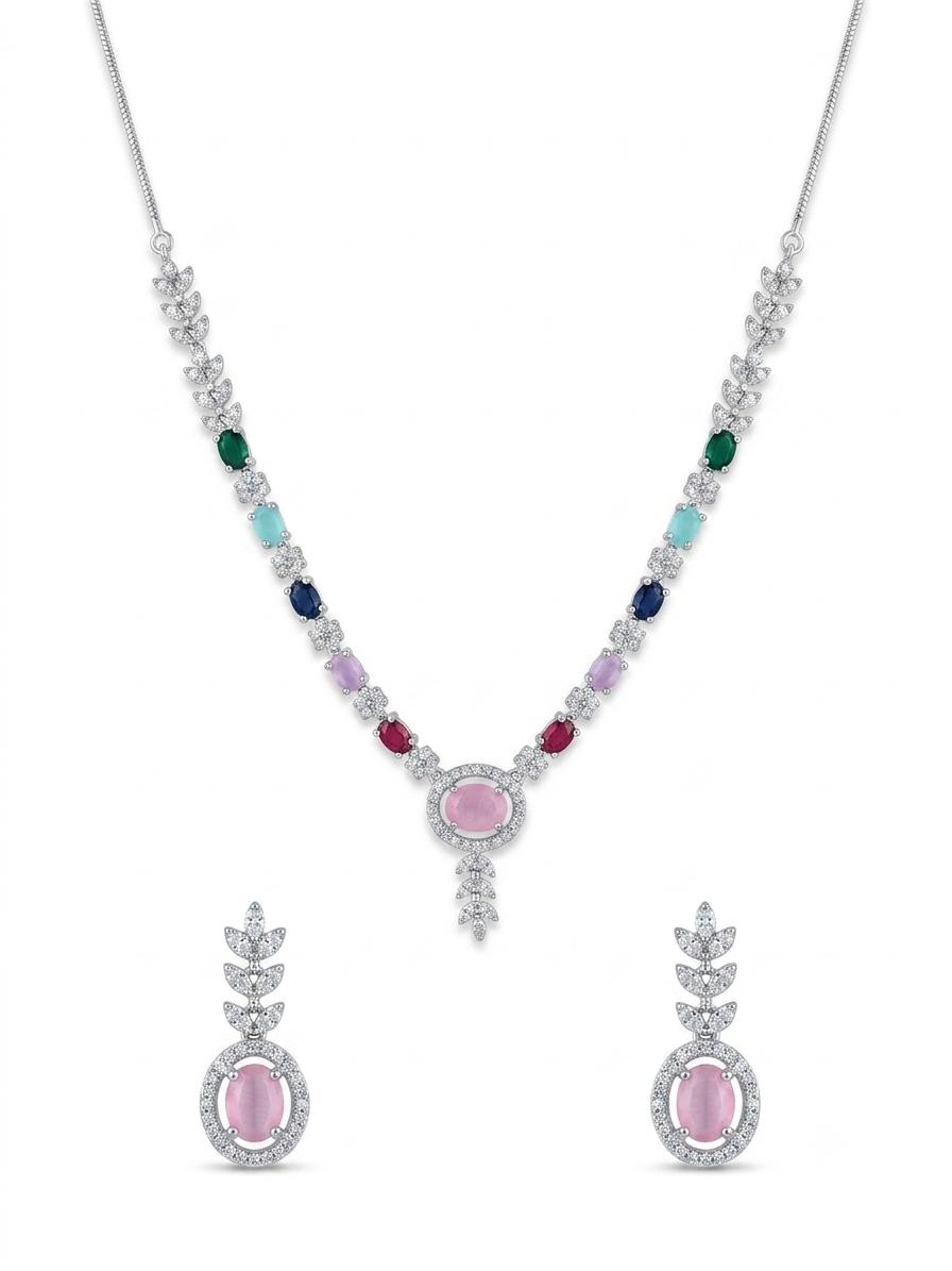 Multicolor Round pendant Premium CZ Necklace Set