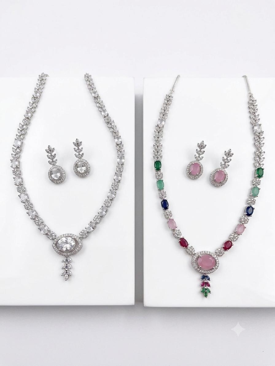Multicolor Round pendant Premium CZ Necklace Set