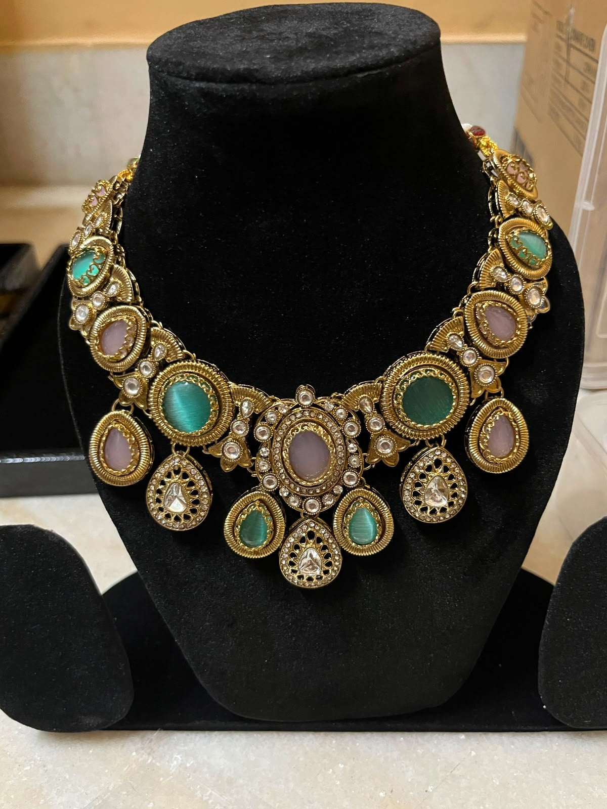 Royal Turkish Pink & Aqua Green Polki Necklace