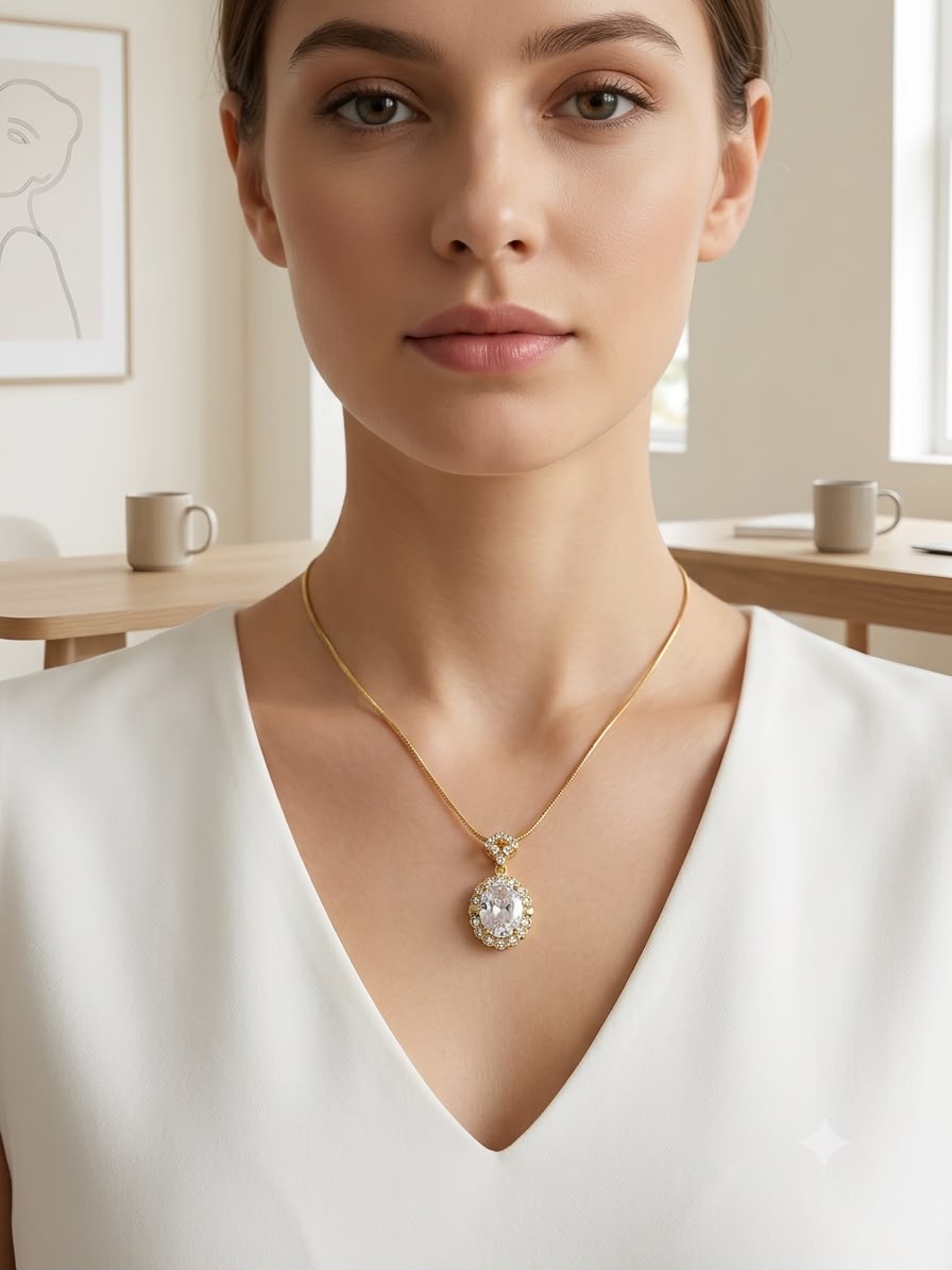White Oval Shape Diamond minimal chain pendant set