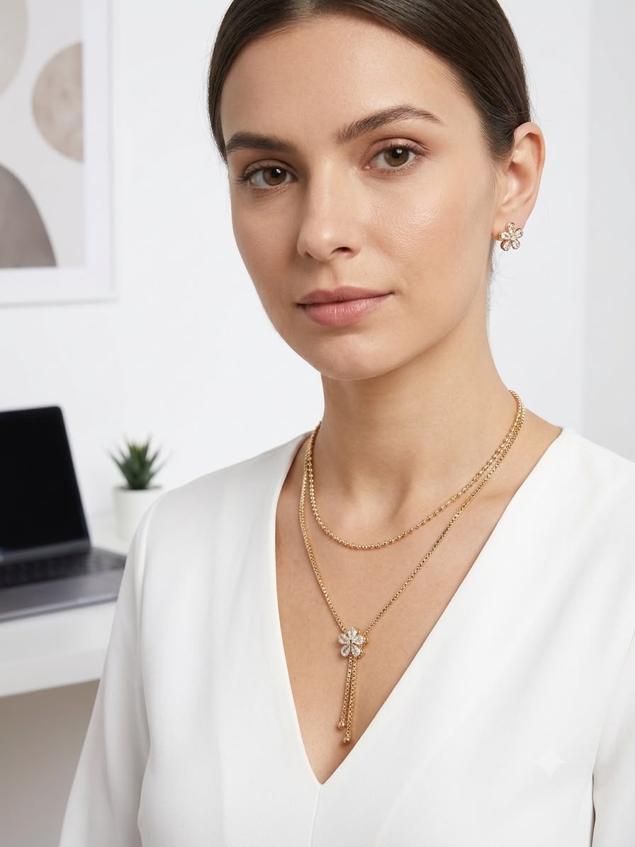 Double chain with flower minimal chain pendant set