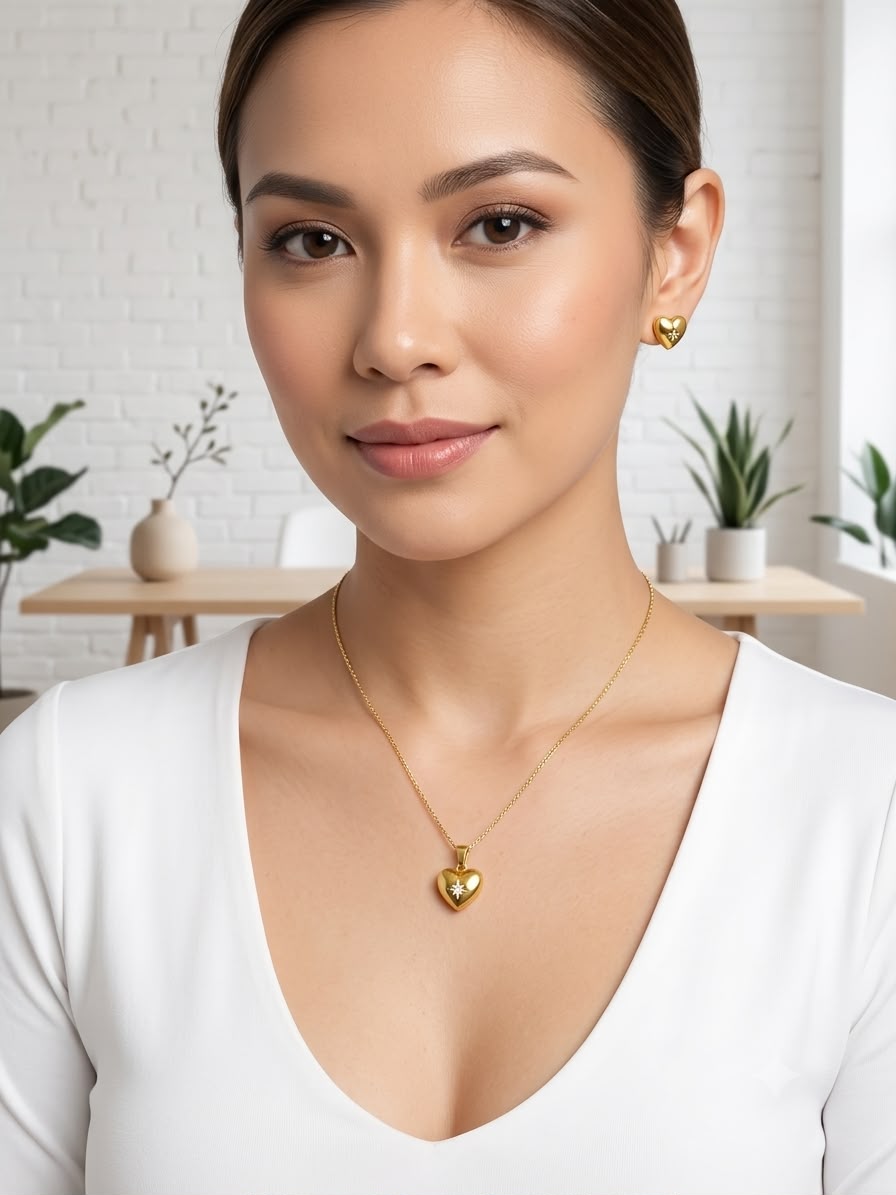 Golden Heart With Earrings minimal chain pendant set