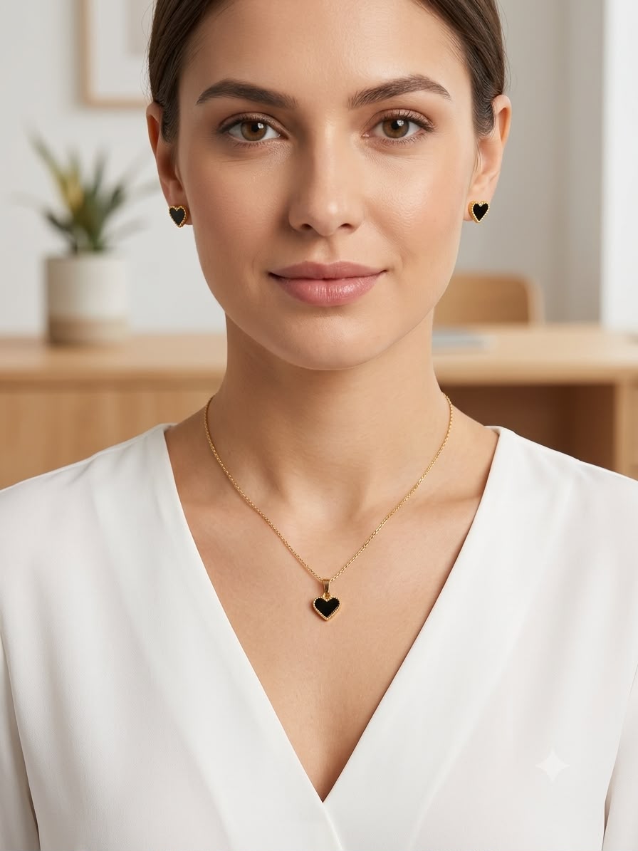 Black Heart Shape with Earrings minimal chain pendant set