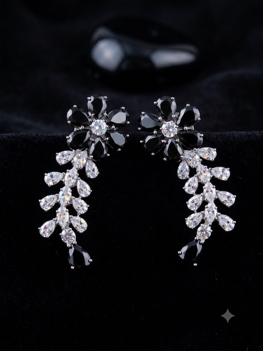 Elegant Black & Crystal Floral Drop Earrings