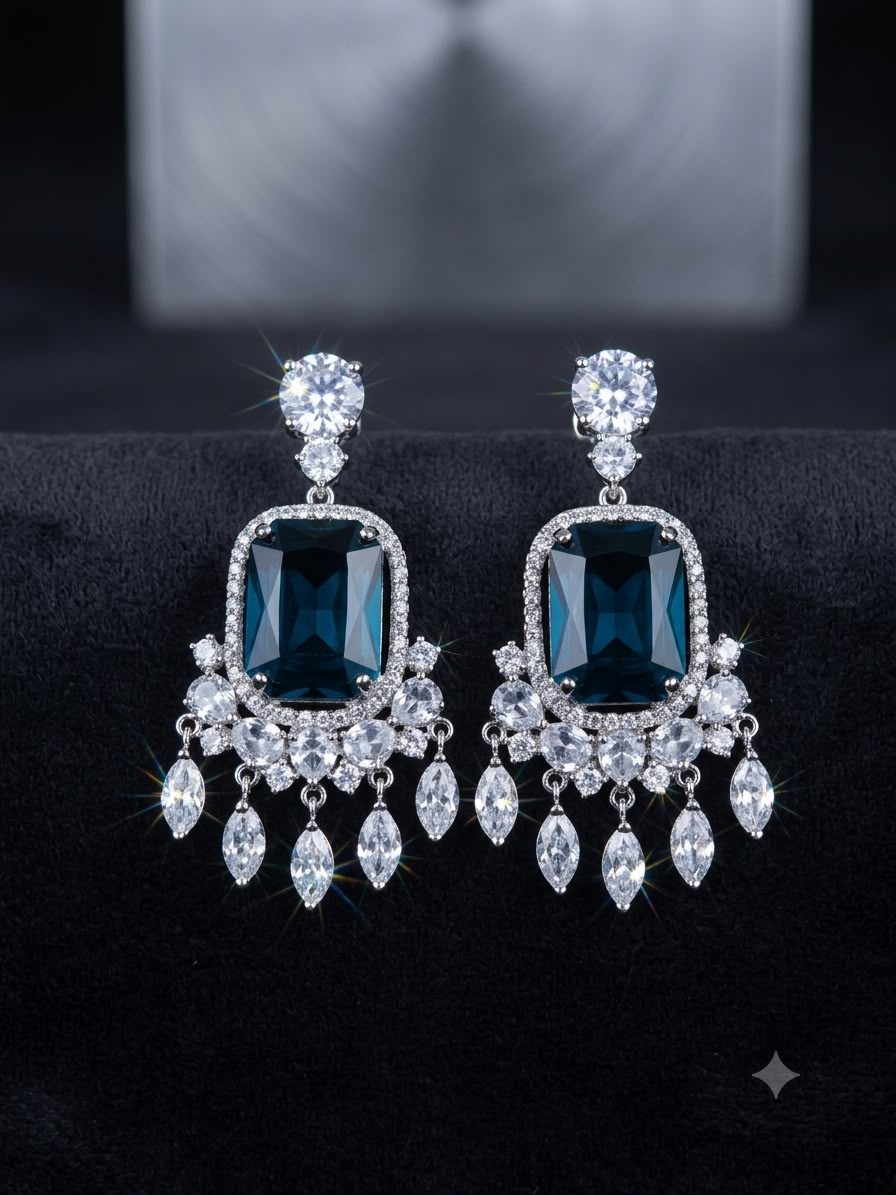 Deep teal-blue statement chandelier earrings