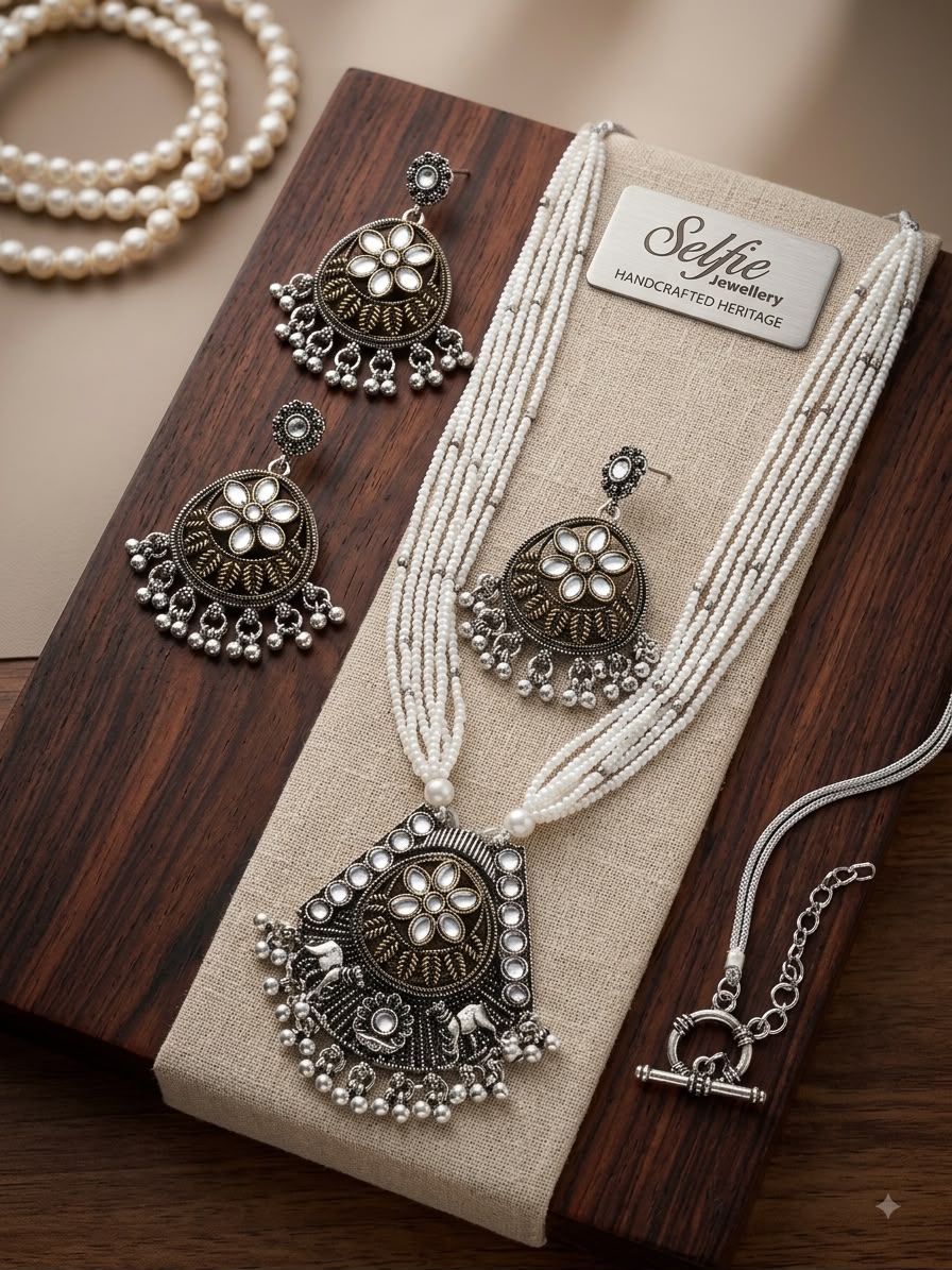 Antique Oxidized Silver & Pearl Heritage Jewellery Set