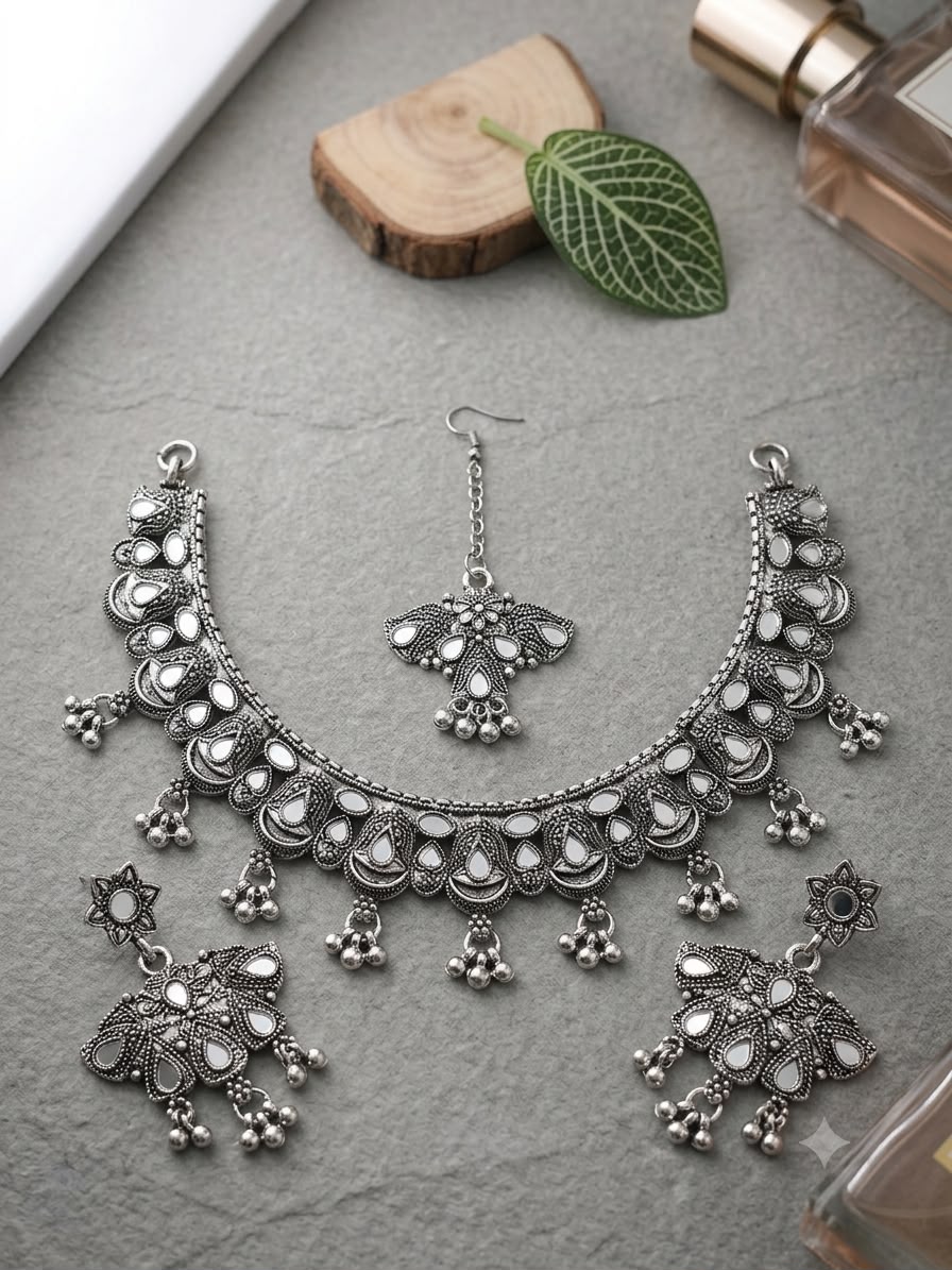 Oxidized Silver Peacock-Inspired Heritage Jewellery Set