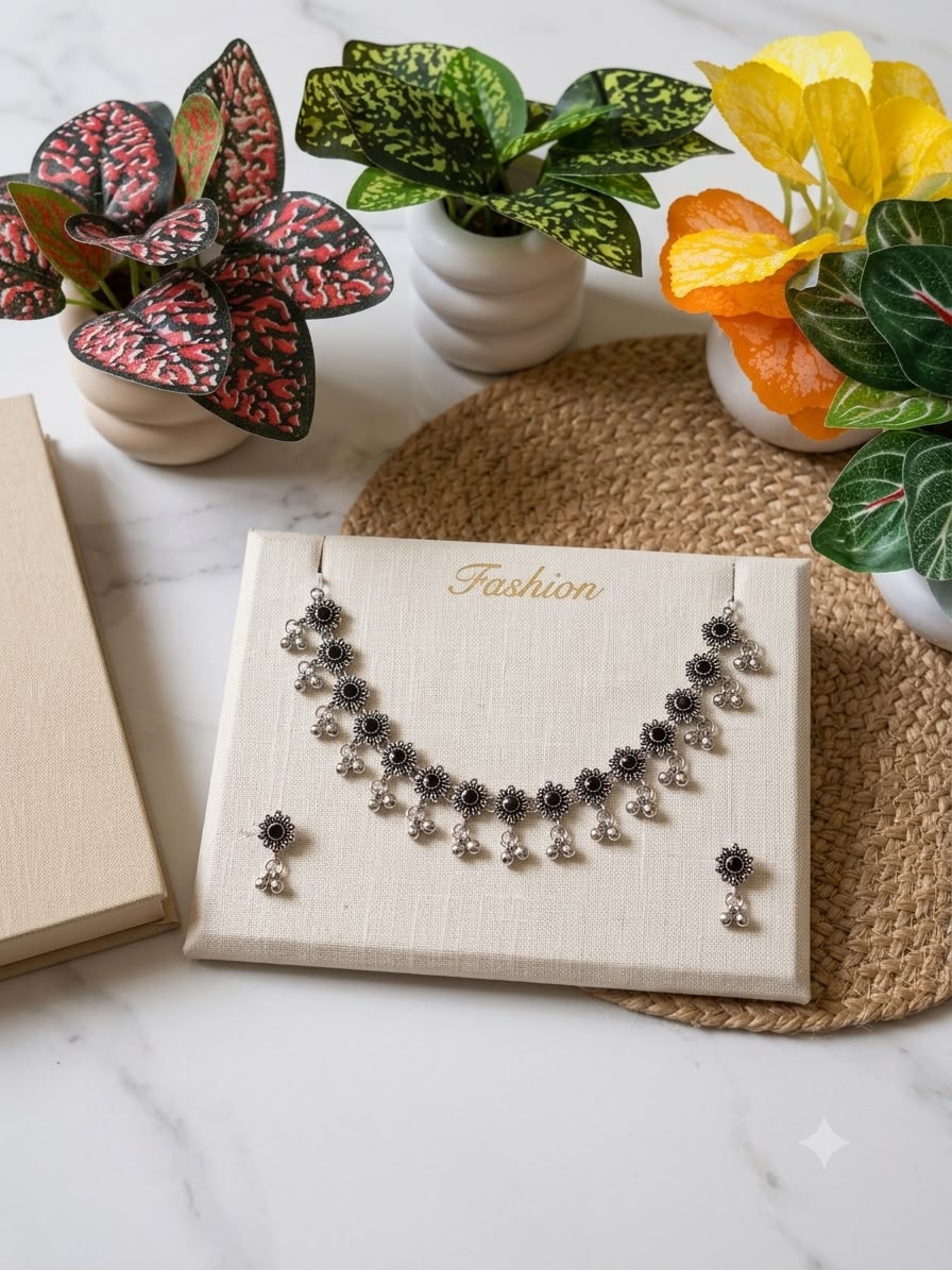 Minimalist Oxidized Silver Floral Jewellery Set