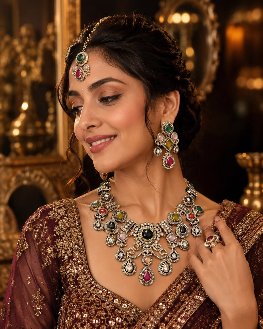 Royal Turkish Navratna Kundan Statement Necklace Set