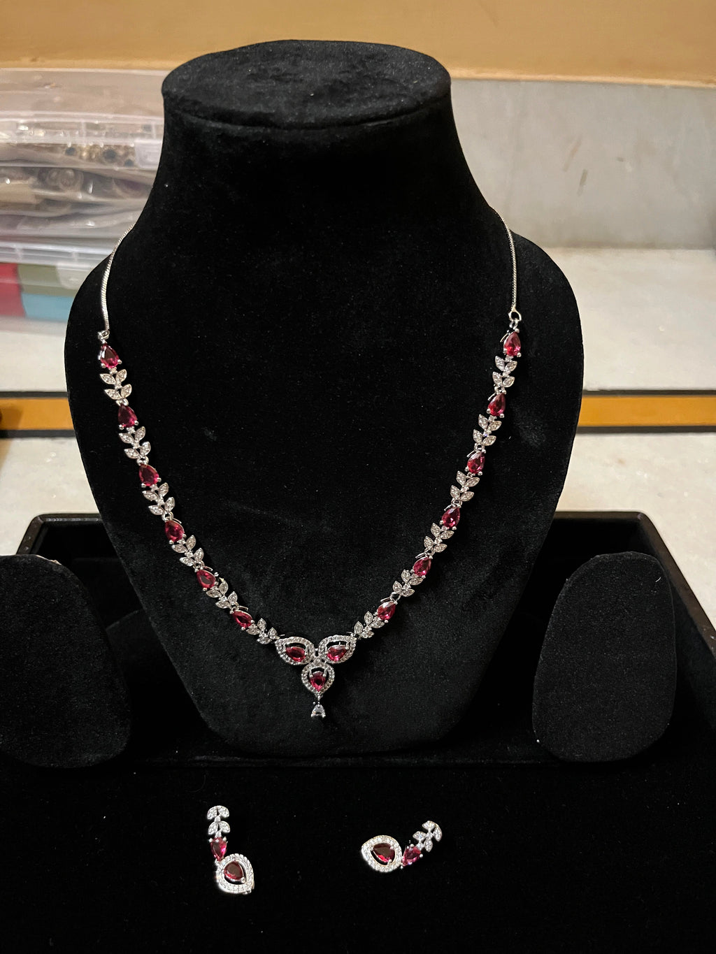 Ruby Red American Diamond Necklace Set