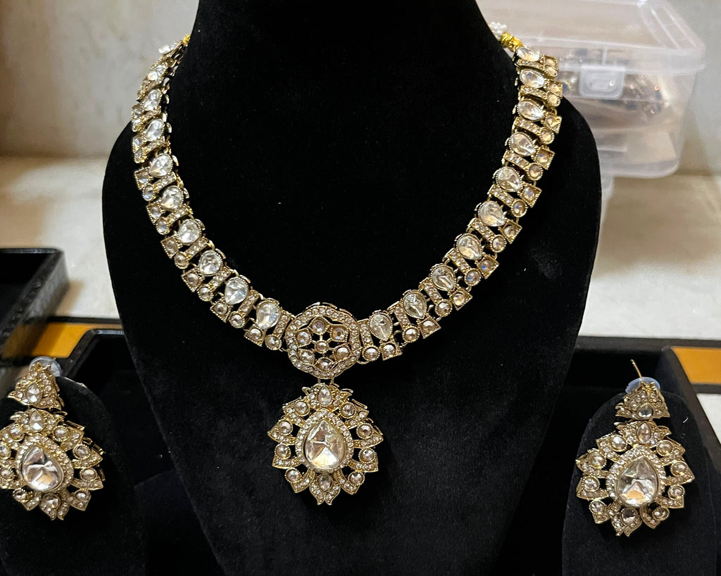 Premium Golden Moissanite Necklace Set with Mangtika