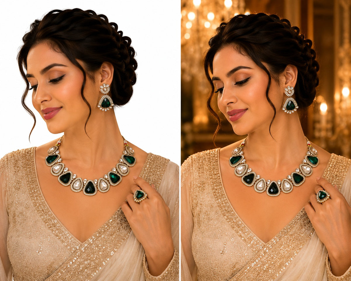 Premium Green Kundan Necklace Set –