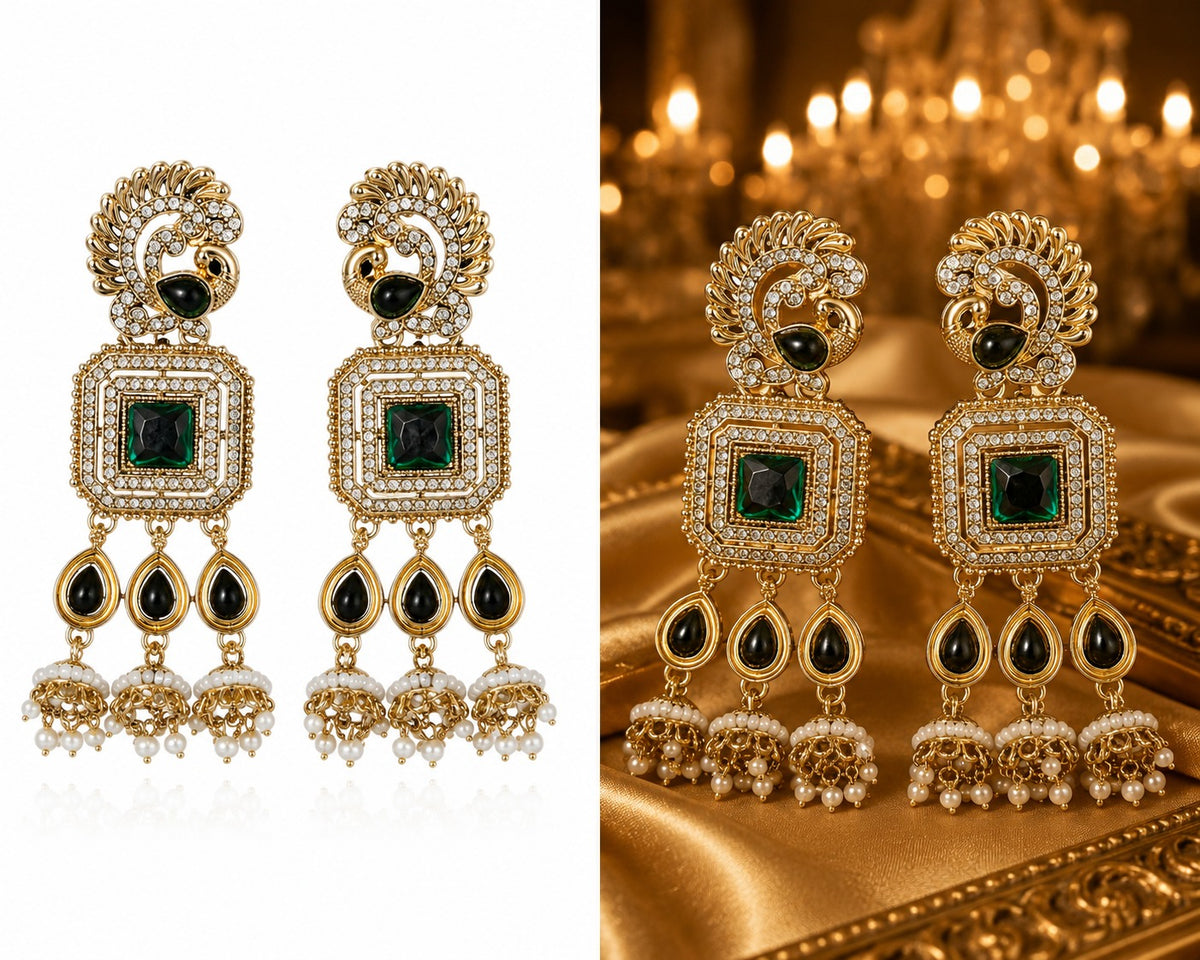 Antique Gold Peacock and Emerald Geometric Dangle Earrings