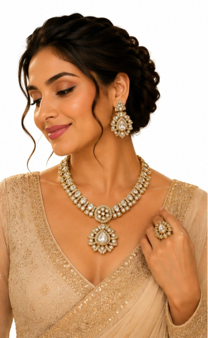 Premium Golden Moissanite Necklace Set with Mangtika