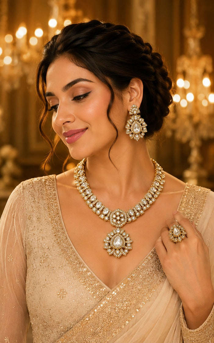 Premium Golden Moissanite Necklace Set with Mangtika