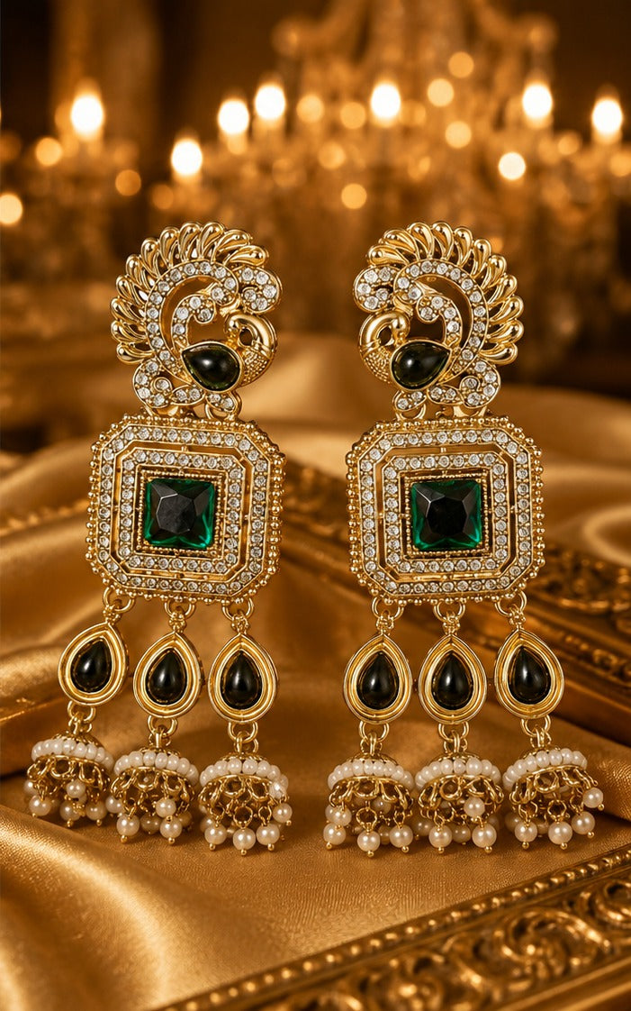 Antique Gold Peacock and Emerald Geometric Dangle Earrings