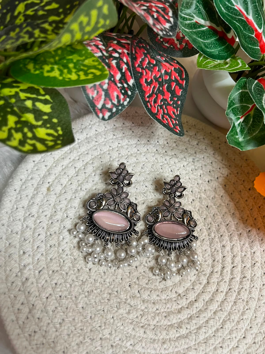 Oxidized Silver Turquoise Oval Statement Drop Earrings with Pearl Fringe