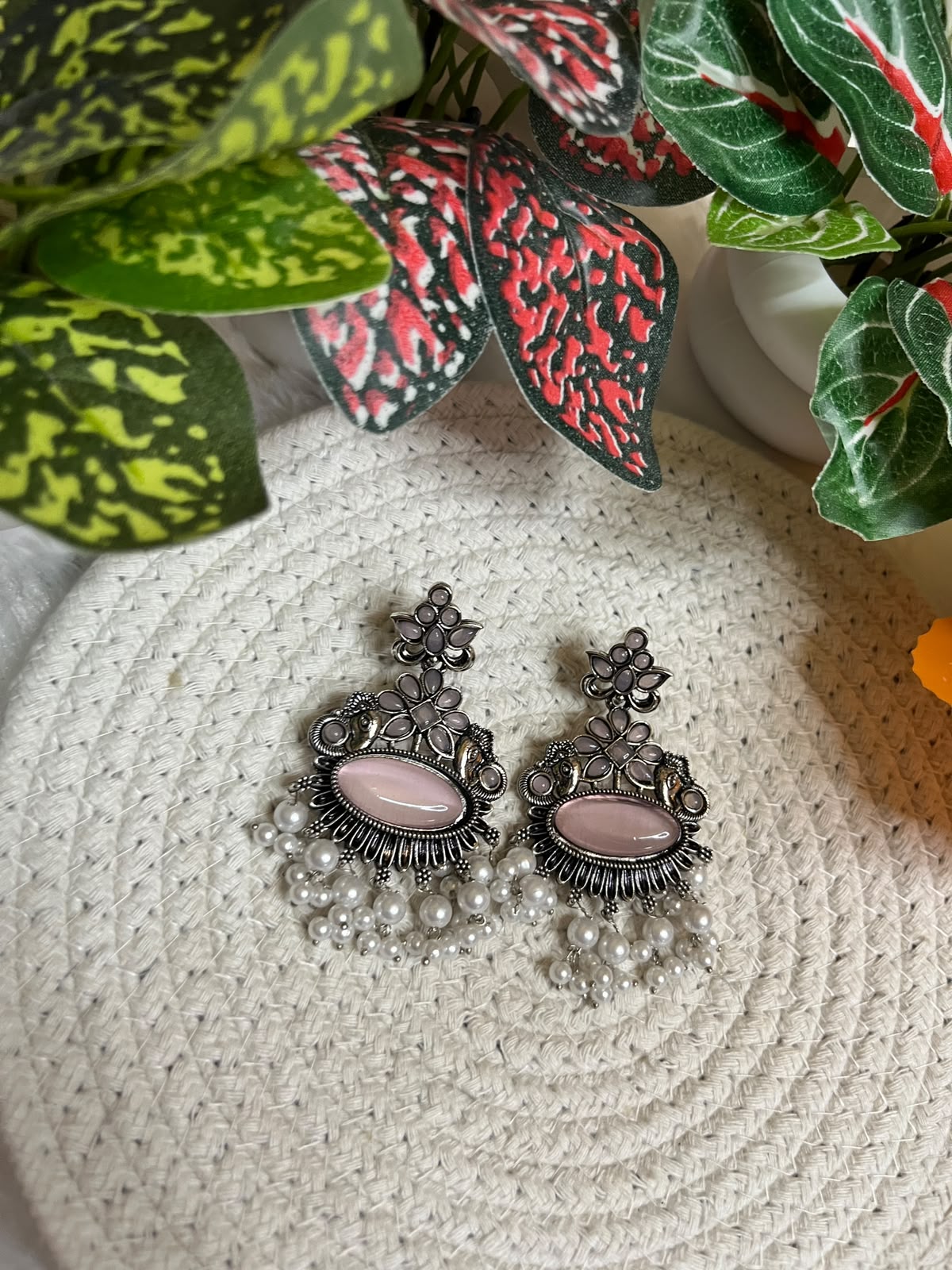 Oxidized Silver Turquoise Oval Statement Drop Earrings with Pearl Fringe