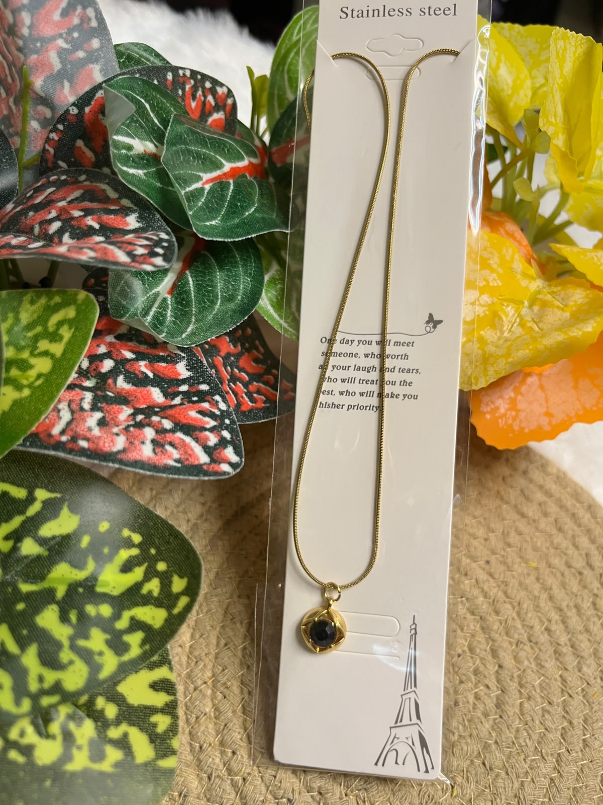 Black stone  minimal chain pendant set