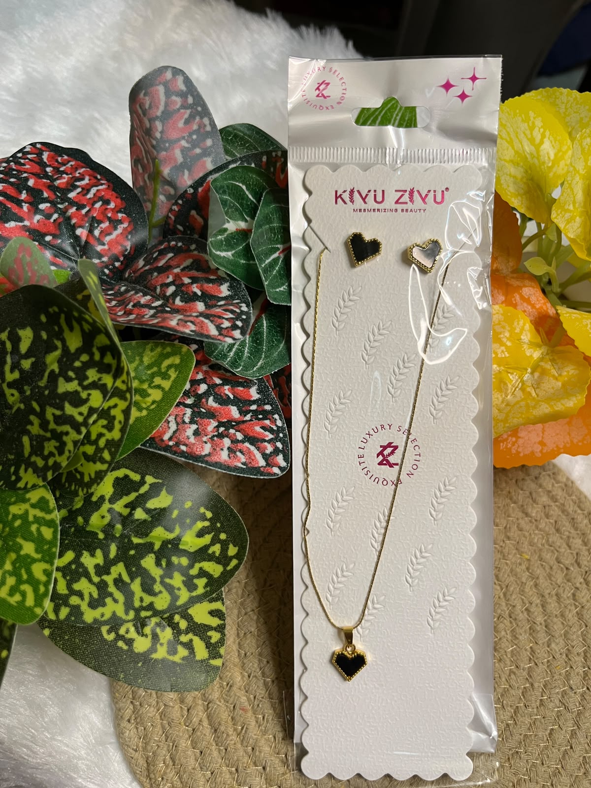 Black Heart Shape with Earrings minimal chain pendant set
